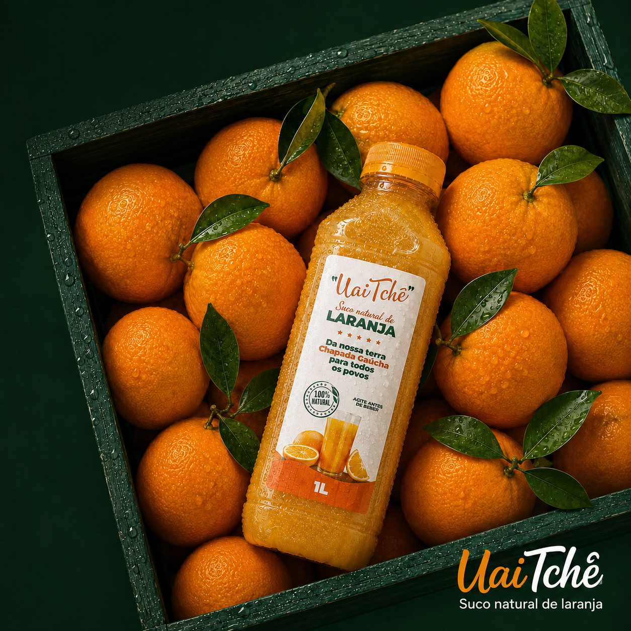 Suco Uai Tchê cercado por laranjas frescas